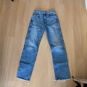 Re/Done Men's Light Blue Straight Jeans with Frayed Hem